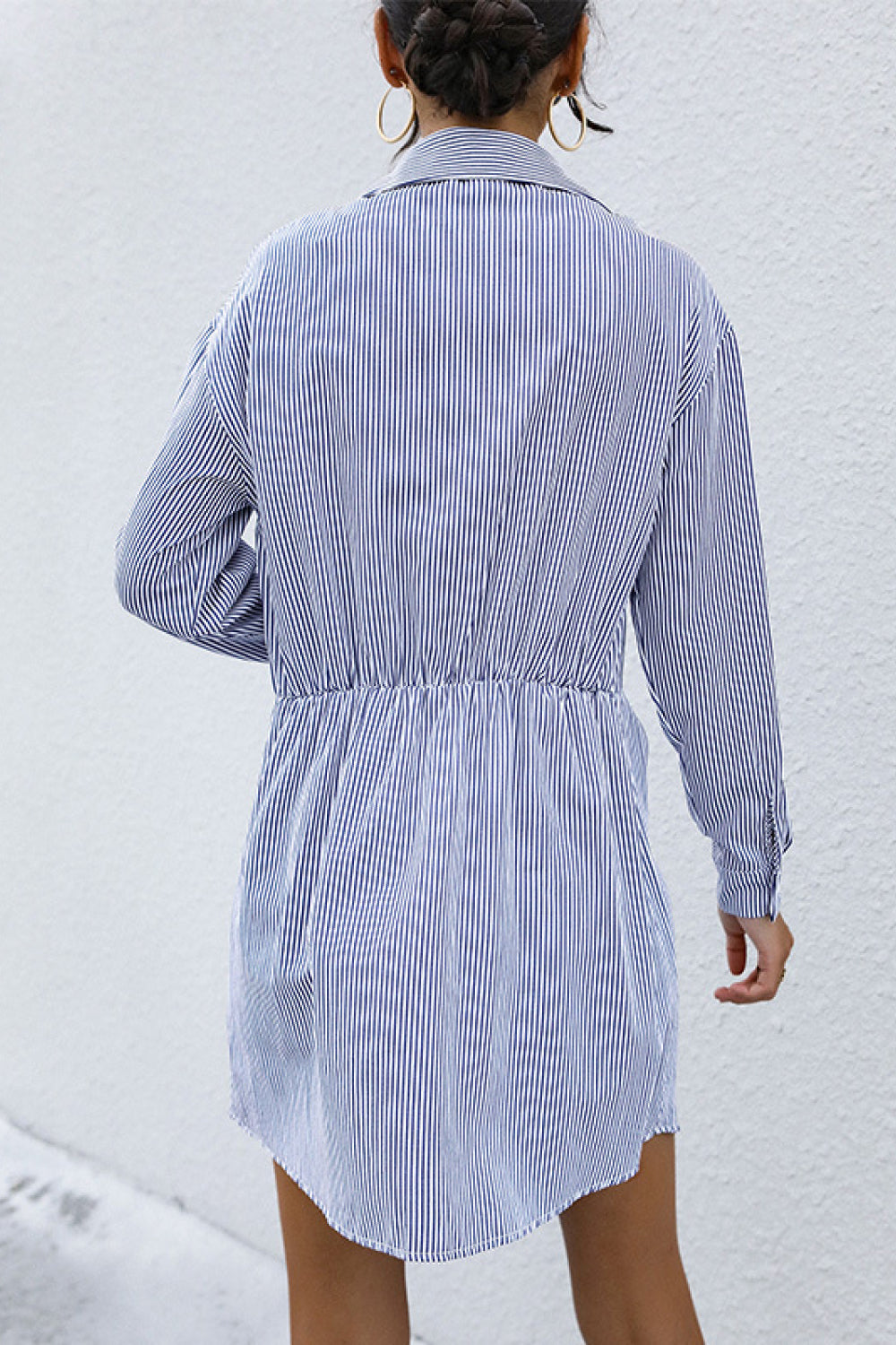 Perfee Striped Button Front Ruched Shirt Dress