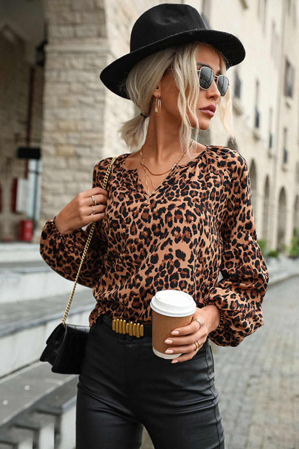 Perfee Leopard Lantern Sleeve Blouse