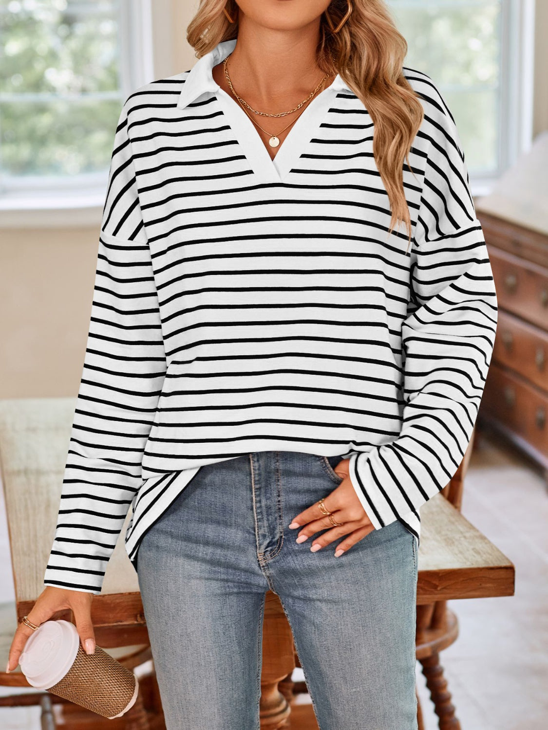 Lovelet Striped Johnny Collar Long Sleeve T-Shirt