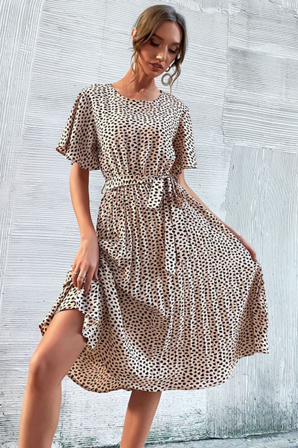 Perfee Animal Print Tie-Waist Pleated Dress