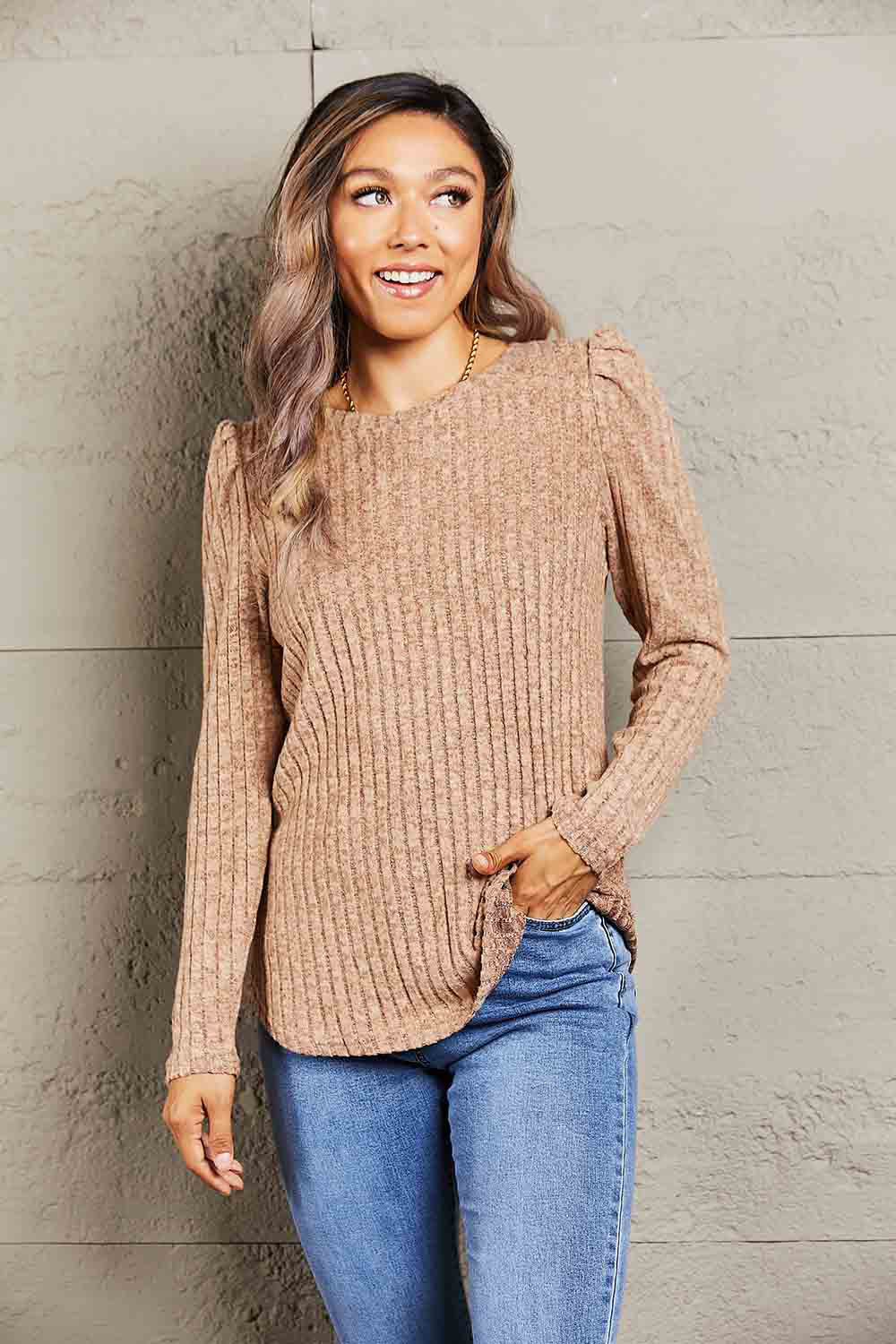 Mandy Round Neck Puff Sleeve Ribbed Top