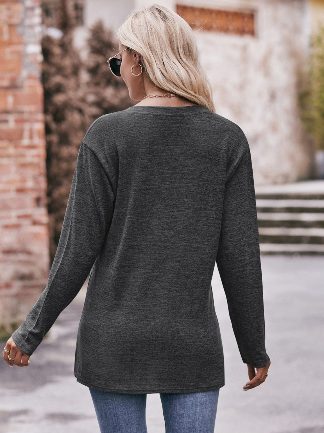 Mandy Buttoned Notched Neck Long Sleeve Top