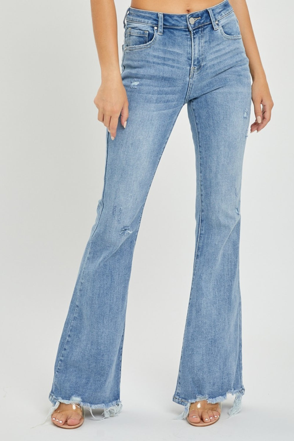 Risen Full Size High Rise Frayed Hem Flare Jeans