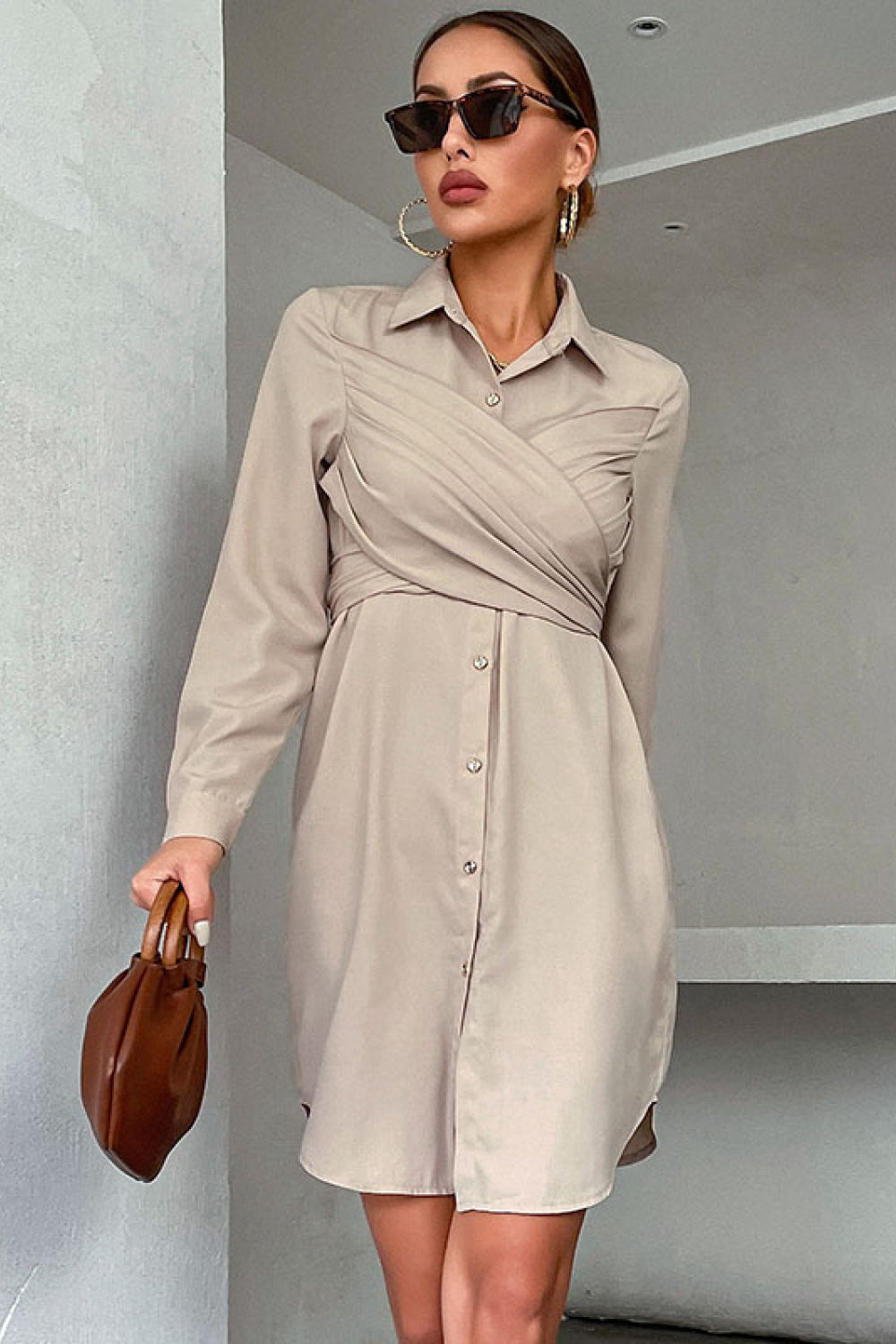 Perfee Crisscross Tie-Back Curved Hem Shirt Dress